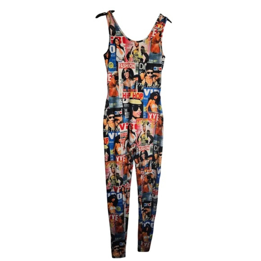 Love Highlight Womens Hip Hop Magazine Print Sleeveless Jumpsuit‎ Multicolor M